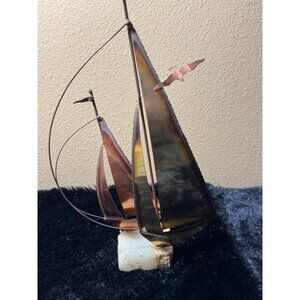Vintage Copper & Brass Sailing Boat Sculpture With Marble Base